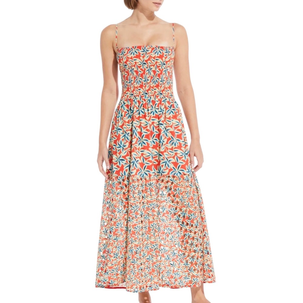 $268 NWOT Solid & Striped Red Kennedy Floral Smocked Eyelet Cotton Midi Dress S - Picture 1 of 11
